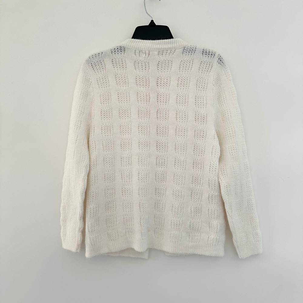 Vintage Women Orlon Acrylic White Knit Cardigan Sweater Medium Pink Bow Coquette - Picture 4 of 8